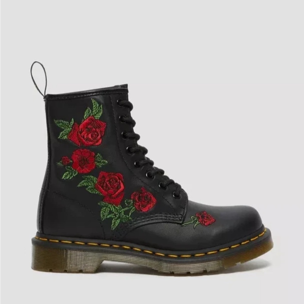 Dr Martens 1460 Vonda Floral Rose Black Leather Lace Up Boots Women’s US Size 7
